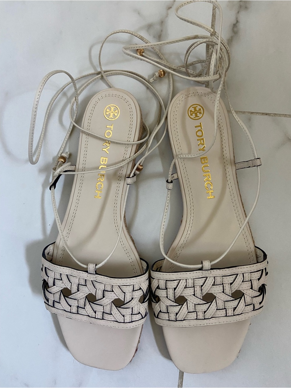 Tory Burch Cream Woven Lace-Up Sandals with Ankle Wrap